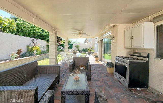 220 S Linhaven Cir, Anaheim, CA 92804 - fenced backyard featuring an outdoor hangout area, ceiling fan, a patio, and outdoor dining area