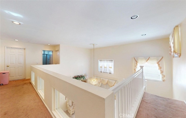 220 S Linhaven Cir, Anaheim, CA 92804 - hall featuring an upstairs landing, light colored carpet, and recessed lighting
