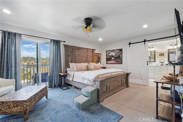 1909 Arroyo Ave, Oceanside, CA 92056 - bedroom featuring a barn door, access to exterior, recessed lighting, connected bathroom, and a ceiling fan