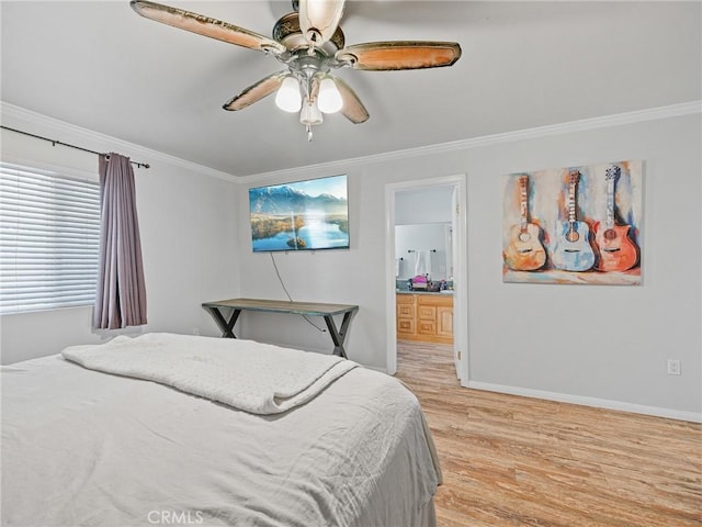 27239 Peach Tree Ln, Helendale, CA 92342 - bedroom with ornamental molding, light wood-style floors, ensuite bathroom, and a ceiling fan