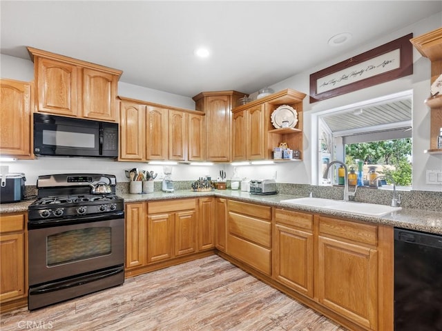27239 Peach Tree Ln, Helendale, CA 92342 - kitchen featuring black appliances, open shelves, light wood-style floors, and recessed lighting