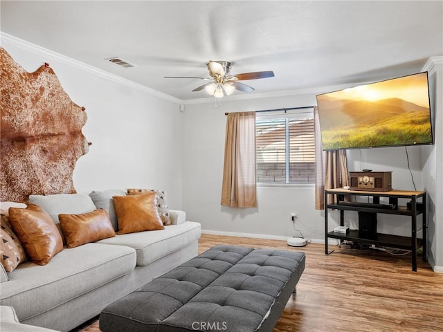 27239 Peach Tree Ln, Helendale, CA 92342 - living area featuring ceiling fan, wood finished floors, and crown molding