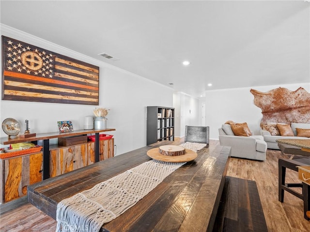 27239 Peach Tree Ln, Helendale, CA 92342 - dining space featuring wood finished floors, crown molding, and recessed lighting