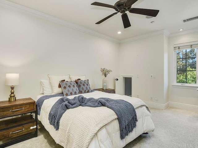 32110 Dos Ninas, Bonsall, CA 92003 - carpeted bedroom with crown molding, recessed lighting, and ceiling fan