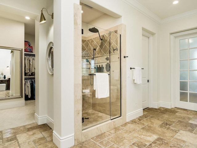 32110 Dos Ninas, Bonsall, CA 92003 - full bathroom with stone tile flooring, a stall shower, ornamental molding, and a spacious closet