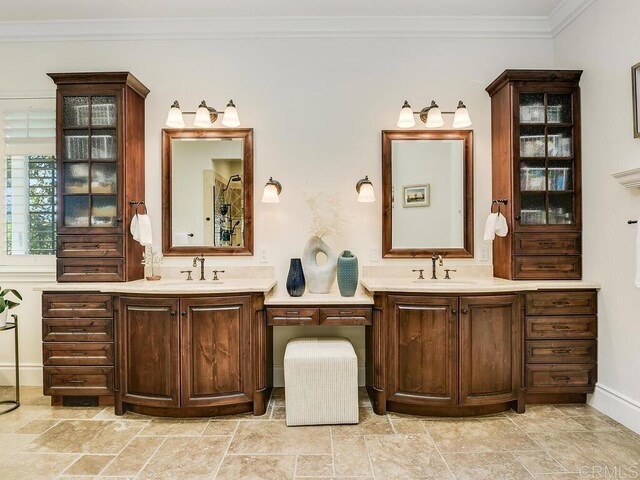 32110 Dos Ninas, Bonsall, CA 92003 - bathroom with two vanities, ornamental molding, and stone finish floors