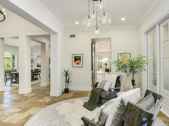 32110 Dos Ninas, Bonsall, CA 92003 - sitting room with stone tile flooring, crown molding, and recessed lighting