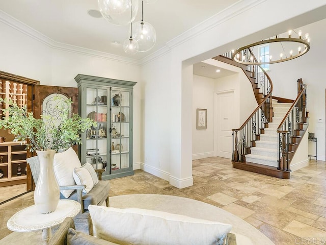32110 Dos Ninas, Bonsall, CA 92003 - sitting room with stone tile floors, a chandelier, stairs, and crown molding