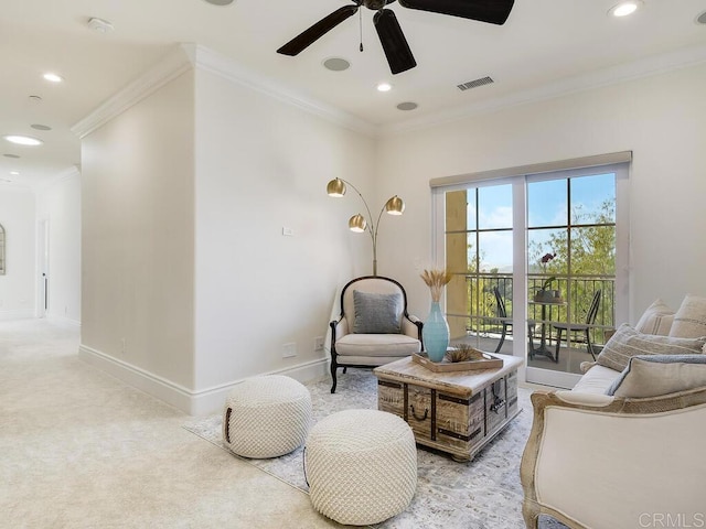 32110 Dos Ninas, Bonsall, CA 92003 - sitting room with a ceiling fan, recessed lighting, crown molding, and light colored carpet