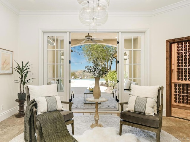 32110 Dos Ninas, Bonsall, CA 92003 - sitting room with ornamental molding, ceiling fan, and stone finish flooring