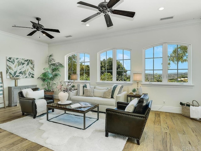 32110 Dos Ninas, Bonsall, CA 92003 - living area with a ceiling fan, ornamental molding, wood finished floors, and recessed lighting