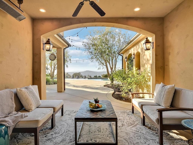 32110 Dos Ninas, Bonsall, CA 92003 - view of patio / terrace with an outdoor living space, ceiling fan, and a mountain view