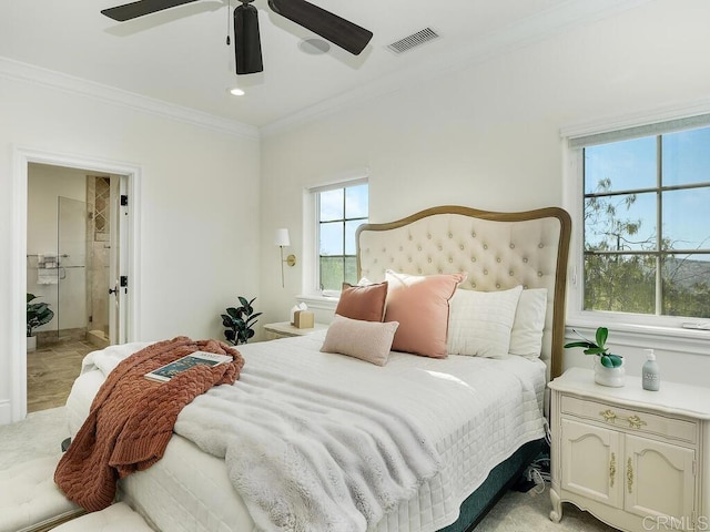32110 Dos Ninas, Bonsall, CA 92003 - bedroom featuring ornamental molding, a ceiling fan, connected bathroom, and recessed lighting