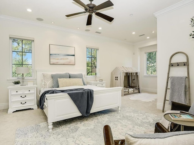 32110 Dos Ninas, Bonsall, CA 92003 - bedroom with multiple windows, light colored carpet, ornamental molding, recessed lighting, and ceiling fan