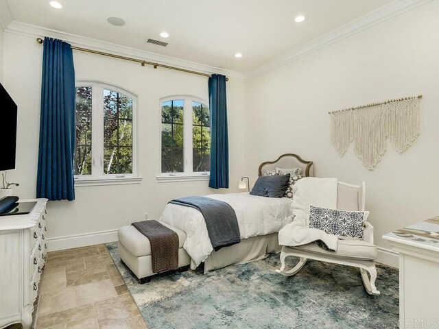 32110 Dos Ninas, Bonsall, CA 92003 - bedroom featuring ornamental molding, recessed lighting, and light stone finish floors
