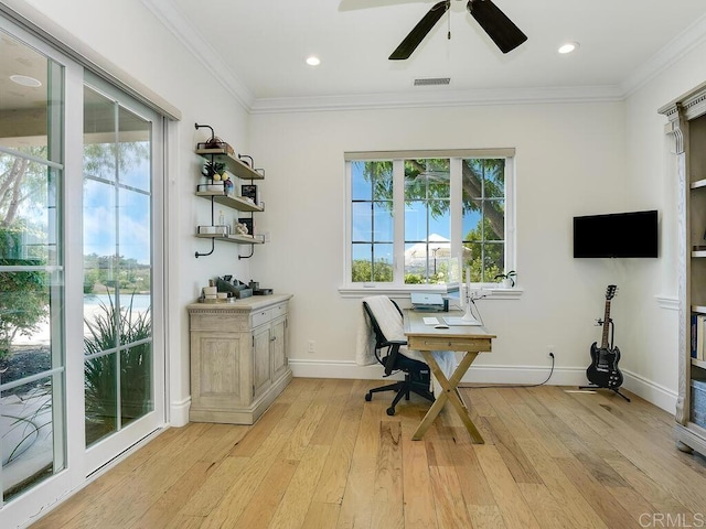32110 Dos Ninas, Bonsall, CA 92003 - office area featuring light wood-style flooring, ornamental molding, ceiling fan, and recessed lighting