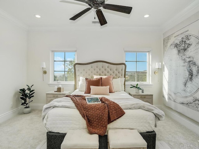 32110 Dos Ninas, Bonsall, CA 92003 - carpeted bedroom featuring ornamental molding, ceiling fan, and recessed lighting