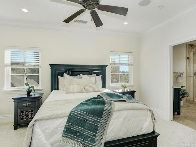 32110 Dos Ninas, Bonsall, CA 92003 - carpeted bedroom with ornamental molding, a ceiling fan, and recessed lighting