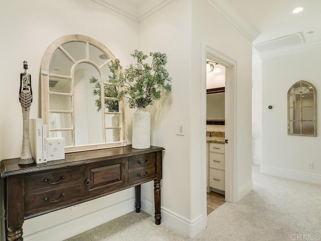 32110 Dos Ninas, Bonsall, CA 92003 - hall featuring crown molding and light carpet