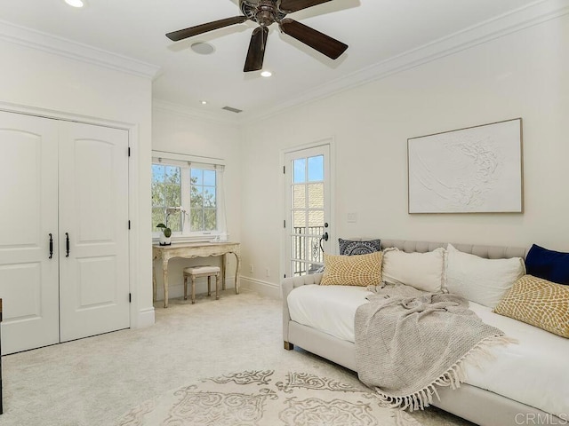 32110 Dos Ninas, Bonsall, CA 92003 - carpeted bedroom featuring ornamental molding, recessed lighting, access to exterior, and a ceiling fan