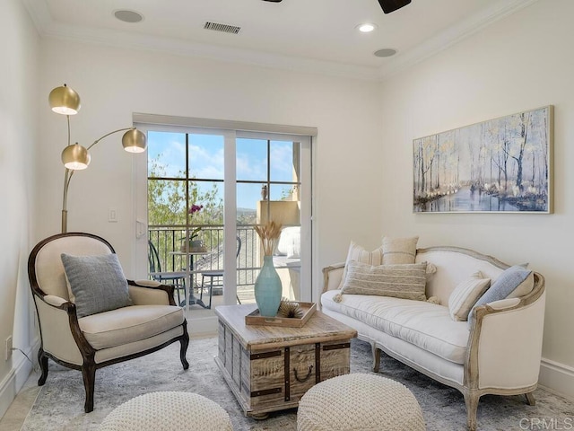 32110 Dos Ninas, Bonsall, CA 92003 - living area featuring ornamental molding and ceiling fan