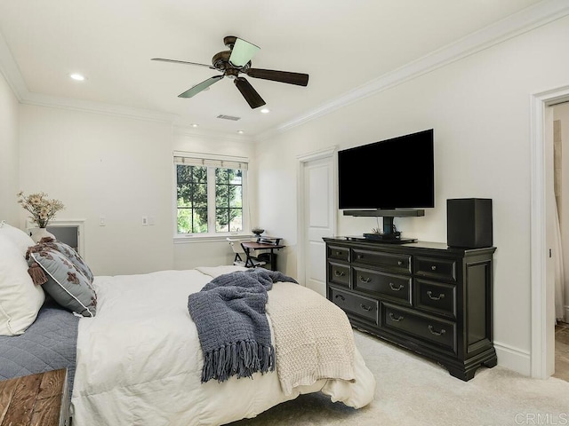 32110 Dos Ninas, Bonsall, CA 92003 - bedroom featuring crown molding, light colored carpet, a ceiling fan, and recessed lighting
