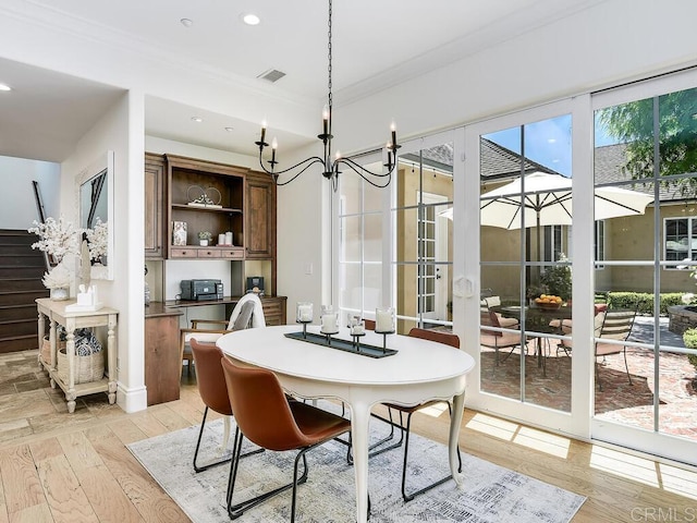 32110 Dos Ninas, Bonsall, CA 92003 - dining space with ornamental molding, light wood-style floors, recessed lighting, and a chandelier
