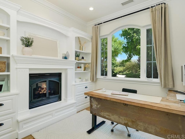 32110 Dos Ninas, Bonsall, CA 92003 - office area featuring crown molding, a glass covered fireplace, and recessed lighting