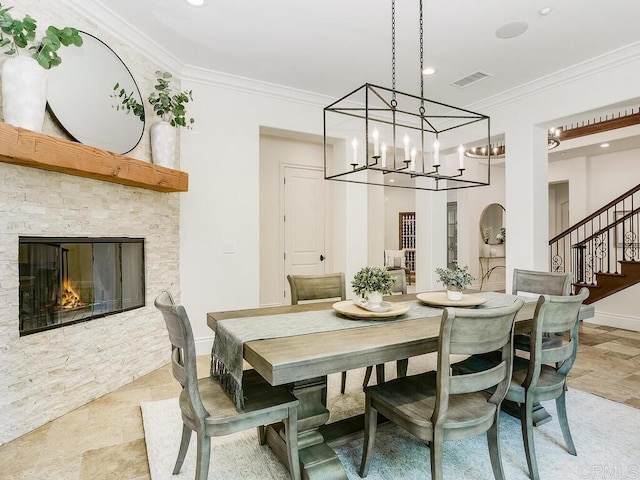 32110 Dos Ninas, Bonsall, CA 92003 - dining space featuring light stone finish flooring, stairway, a chandelier, ornamental molding, and recessed lighting
