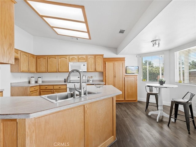 22163 Broken Lance Rd, Apple Valley, CA 92307 - kitchen featuring white microwave, light countertops, vaulted ceiling, light brown cabinets, and dark wood-type flooring