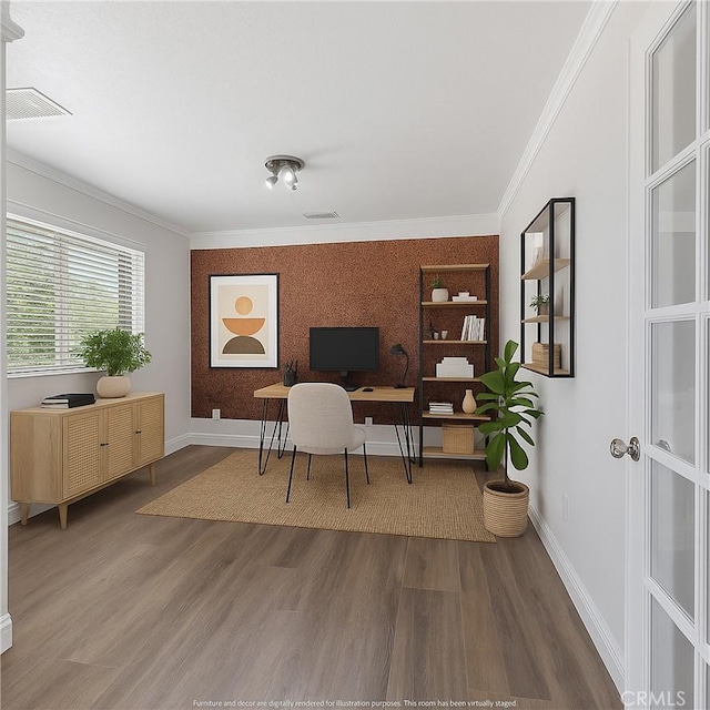 22163 Broken Lance Rd, Apple Valley, CA 92307 - office space with wood finished floors, ornamental molding, and an accent wall