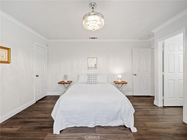 22163 Broken Lance Rd, Apple Valley, CA 92307 - bedroom with a chandelier, ornamental molding, and dark wood-type flooring