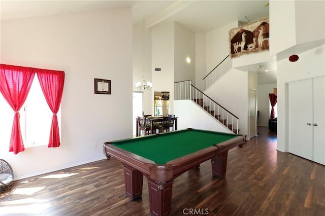 4242 Trenton Ave, Palmdale, CA 93552 - playroom featuring high vaulted ceiling, wood finished floors, a chandelier, and billiards