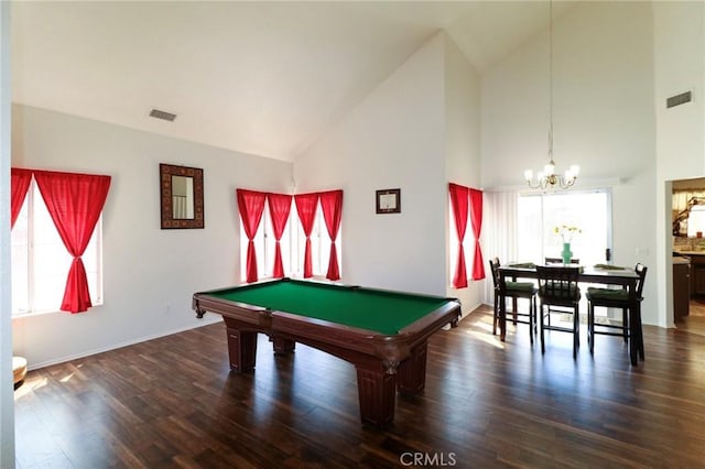 4242 Trenton Ave, Palmdale, CA 93552 - playroom featuring high vaulted ceiling, a chandelier, billiards table, and dark wood-style floors