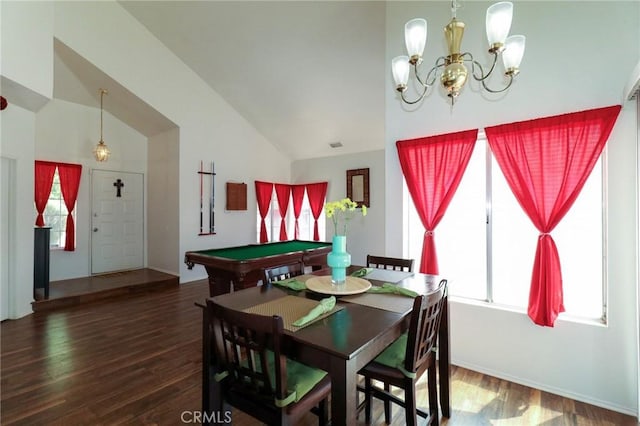 4242 Trenton Ave, Palmdale, CA 93552 - dining area with wood finished floors, a chandelier, billiards, and high vaulted ceiling
