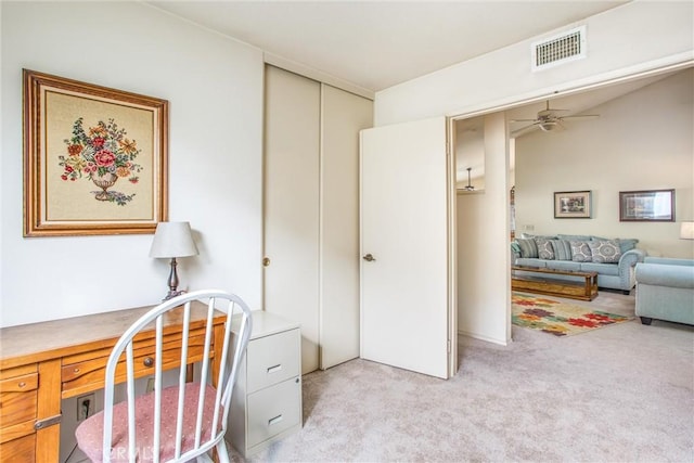 6287 Tuckaway Ave, Banning, CA 92220 - office area with a ceiling fan and light colored carpet