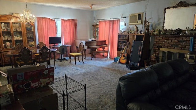 7044 Pellet St, Downey, CA 90241 - living area featuring a chandelier, carpet, a wall unit AC, a textured ceiling, and a brick fireplace