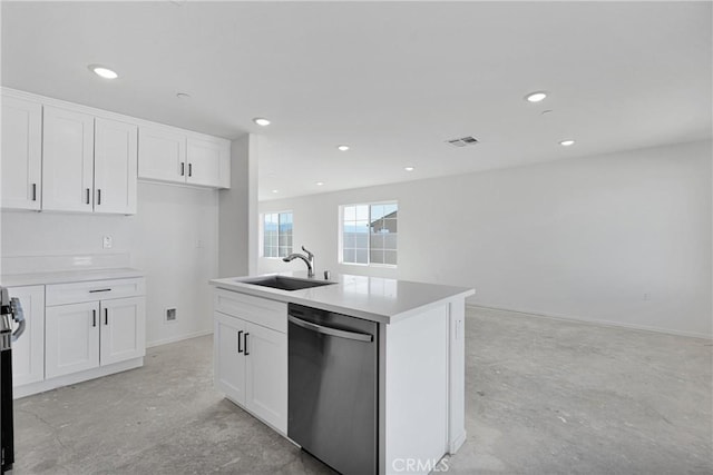 10132 Kemper Ave, Adelanto, CA 92301 - kitchen featuring dishwasher, concrete floors, white cabinetry, a kitchen island with sink, and recessed lighting