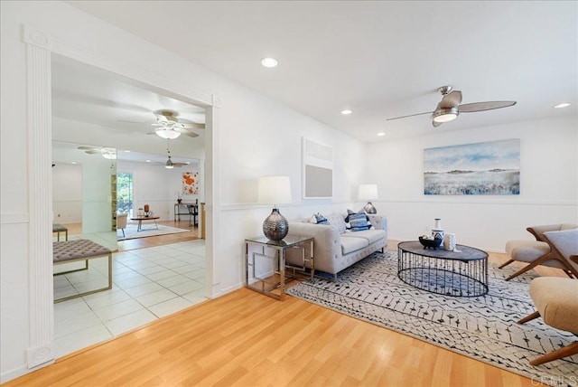 8149 Calico St, San Diego, CA 92126 - living room featuring a ceiling fan, wood finished floors, and recessed lighting