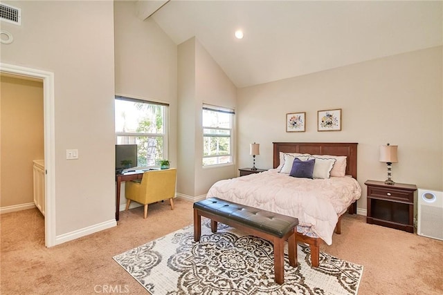 19 Las Cruces, Irvine, CA 92614 - bedroom with high vaulted ceiling, light carpet, beam ceiling, a desk, and recessed lighting