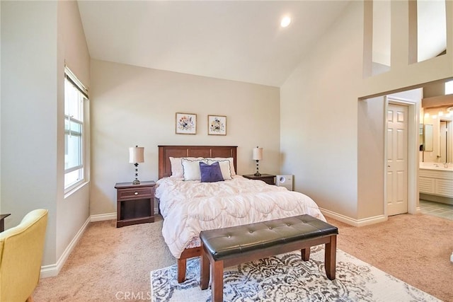 19 Las Cruces, Irvine, CA 92614 - bedroom featuring light carpet, high vaulted ceiling, and connected bathroom