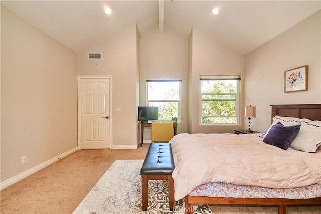 19 Las Cruces, Irvine, CA 92614 - bedroom with high vaulted ceiling, light carpet, beamed ceiling, and recessed lighting