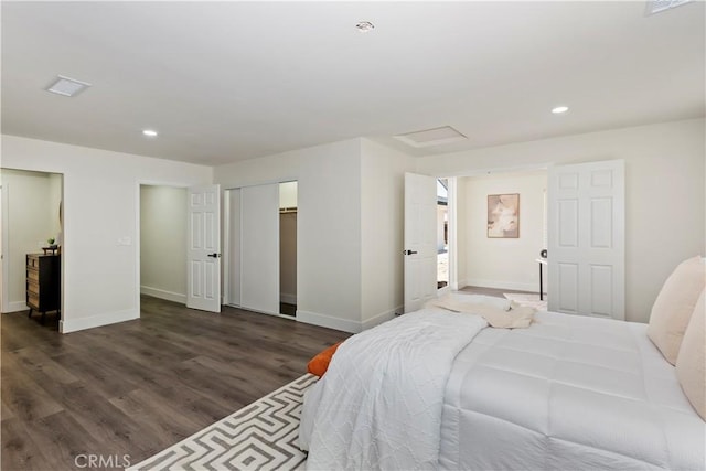 15615 Erie Rd, Apple Valley, CA 92307 - bedroom featuring dark wood finished floors, recessed lighting, and attic access