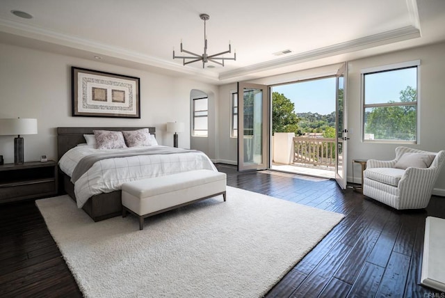 7425 Rancho Cabrillo Trl, San Diego, CA 92127 - bedroom featuring a raised ceiling, dark wood-style floors, access to exterior, a chandelier, and crown molding