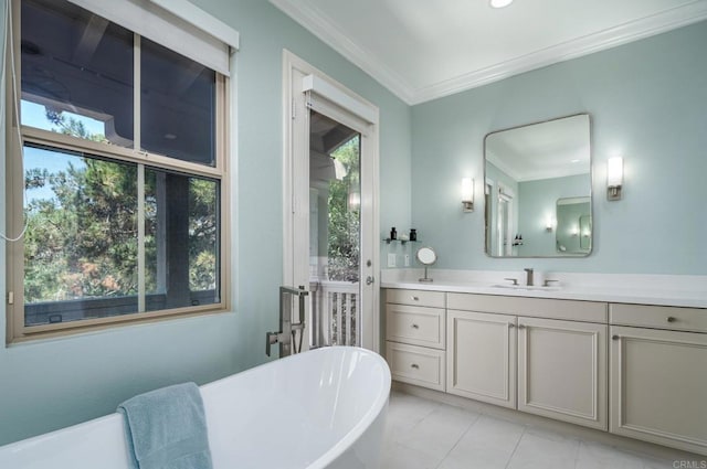 7425 Rancho Cabrillo Trl, San Diego, CA 92127 - full bath featuring a soaking tub, vanity, ornamental molding, and tile patterned floors