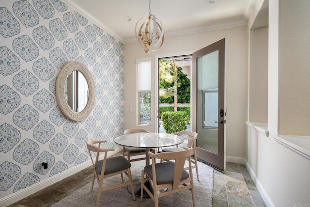 7425 Rancho Cabrillo Trl, San Diego, CA 92127 - dining area featuring stone tile flooring, ornamental molding, a chandelier, and wallpapered walls