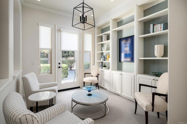 7425 Rancho Cabrillo Trl, San Diego, CA 92127 - living area featuring a chandelier, built in shelves, ornamental molding, light colored carpet, and recessed lighting