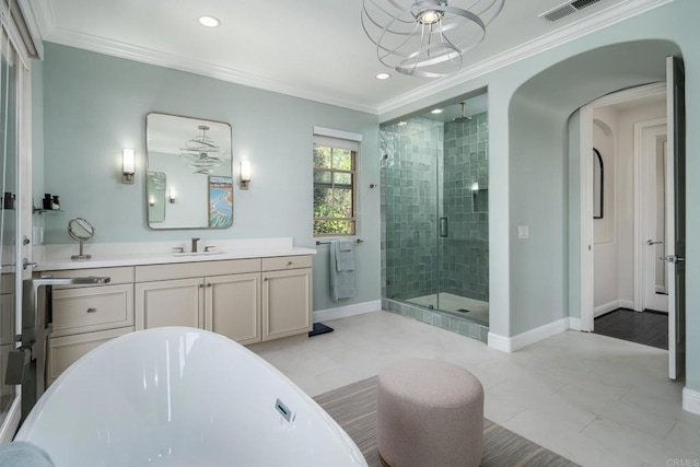 7425 Rancho Cabrillo Trl, San Diego, CA 92127 - bathroom with a shower stall, a freestanding tub, vanity, crown molding, and recessed lighting