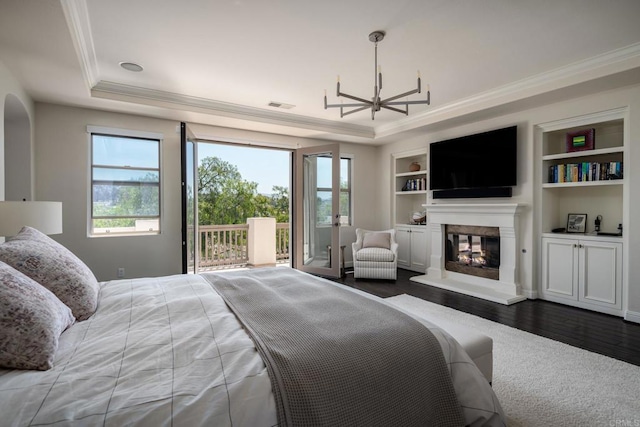 7425 Rancho Cabrillo Trl, San Diego, CA 92127 - bedroom featuring a tray ceiling, ornamental molding, access to exterior, and multiple windows