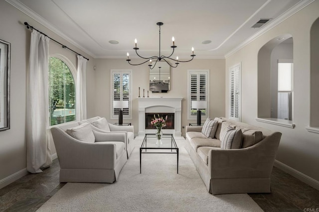 7425 Rancho Cabrillo Trl, San Diego, CA 92127 - living area with arched walkways, a chandelier, and ornamental molding